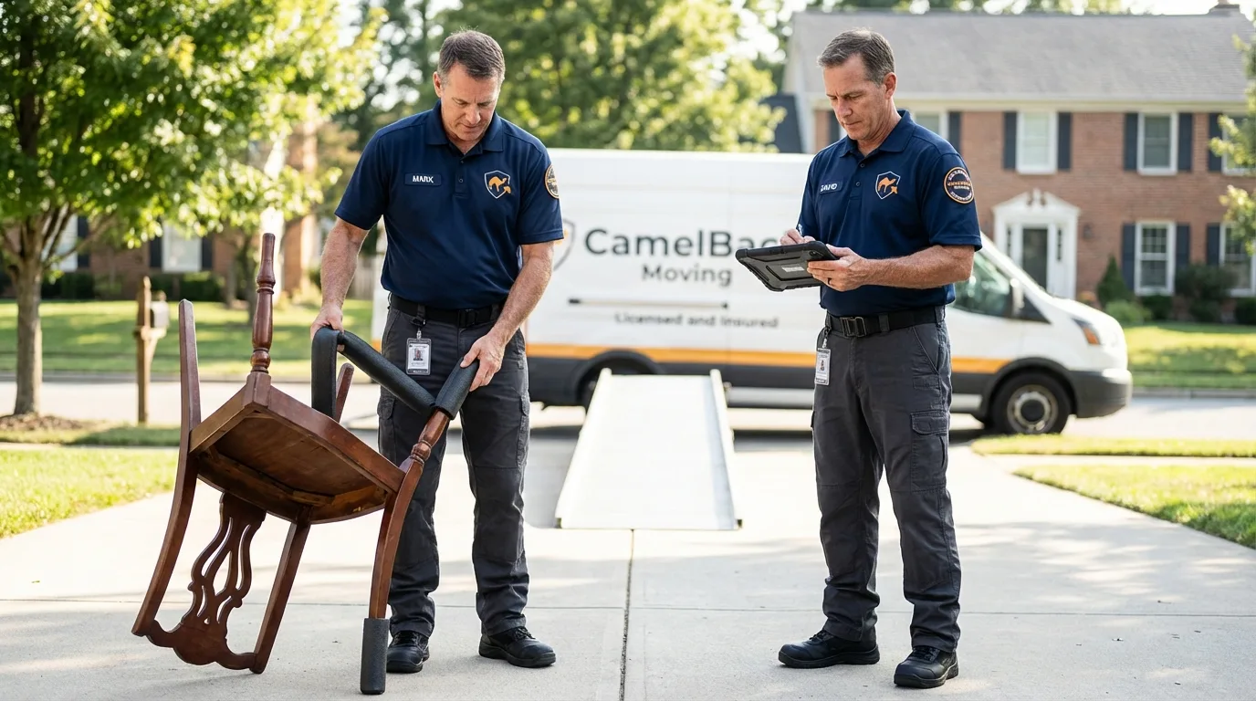 Movers inspecting furniture for damage prevention before loading in Harlan, IN