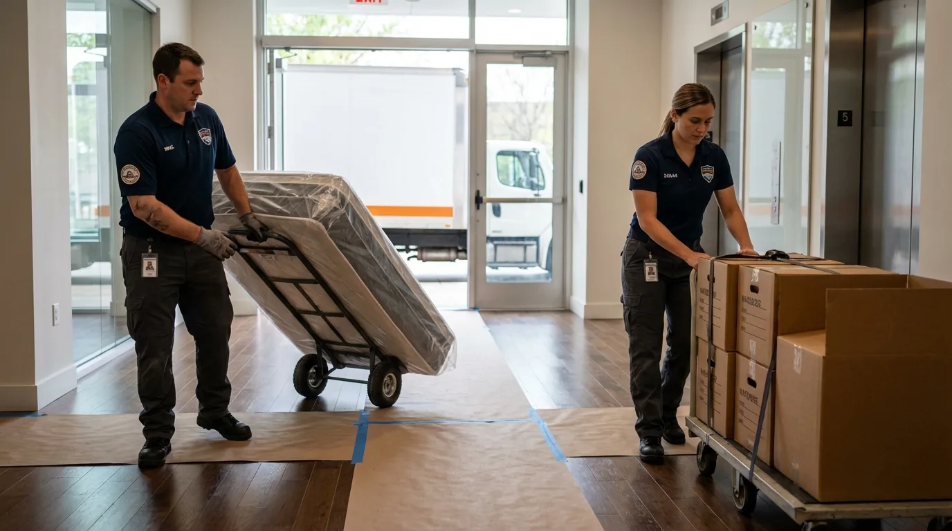 Professional apartment movers loading elevator in Harlan, IN