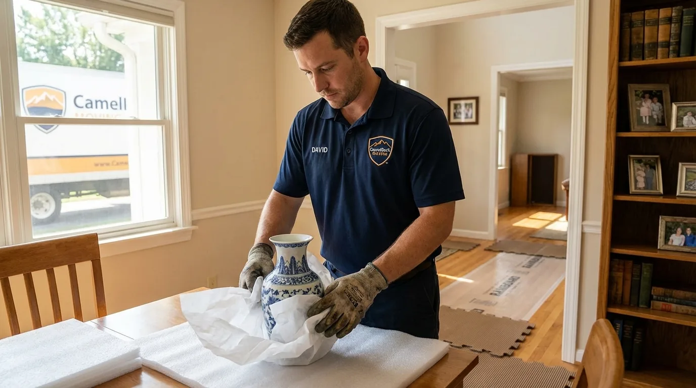 Professional crew carefully wrapping antique vase for senior downsizing move in Harlan, IN